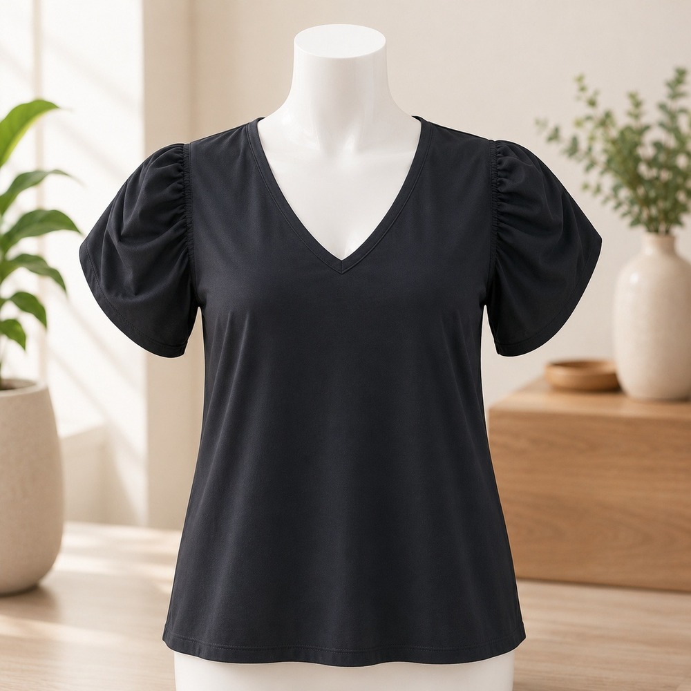 NWT T Tahari V-Neck‎ Top Woman 3X Black Ruched Short Sleeve Knit Blouse